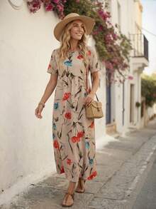 Faunlyn Women's Summer Long Dress With Short Sleeves And Large Floral Print. - Multicolor - View 4