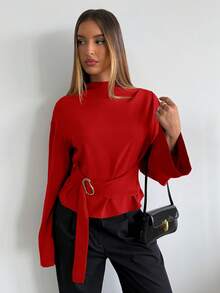 Aloruh Women's Solid Color Stand Collar Flare Sleeve Blouse, Suitable For Daily Business Commute - Red - View 4