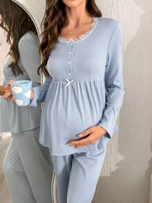 Moonlight&Mama Bộ đồ ngủ bà bầu kiểu dáng thường ngày, màu trơn, chất liệu dệt kim, phối ren, cài cúc phía trước, gồm áo dài tay và quần. - Màu xanh nhạt - Xem 6