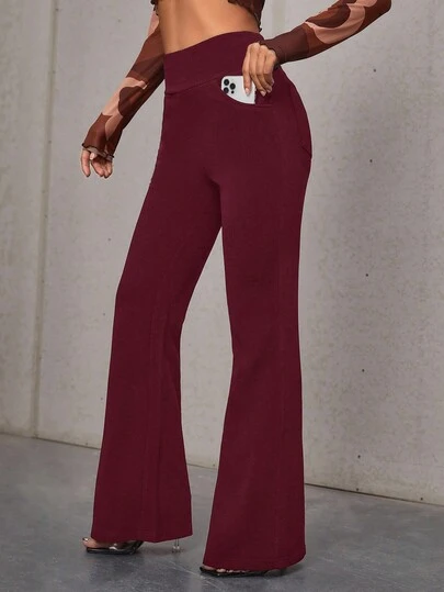 SHEIN Essnce Women's Solid Color High Waist Fitted Flare Pants With Pockets
