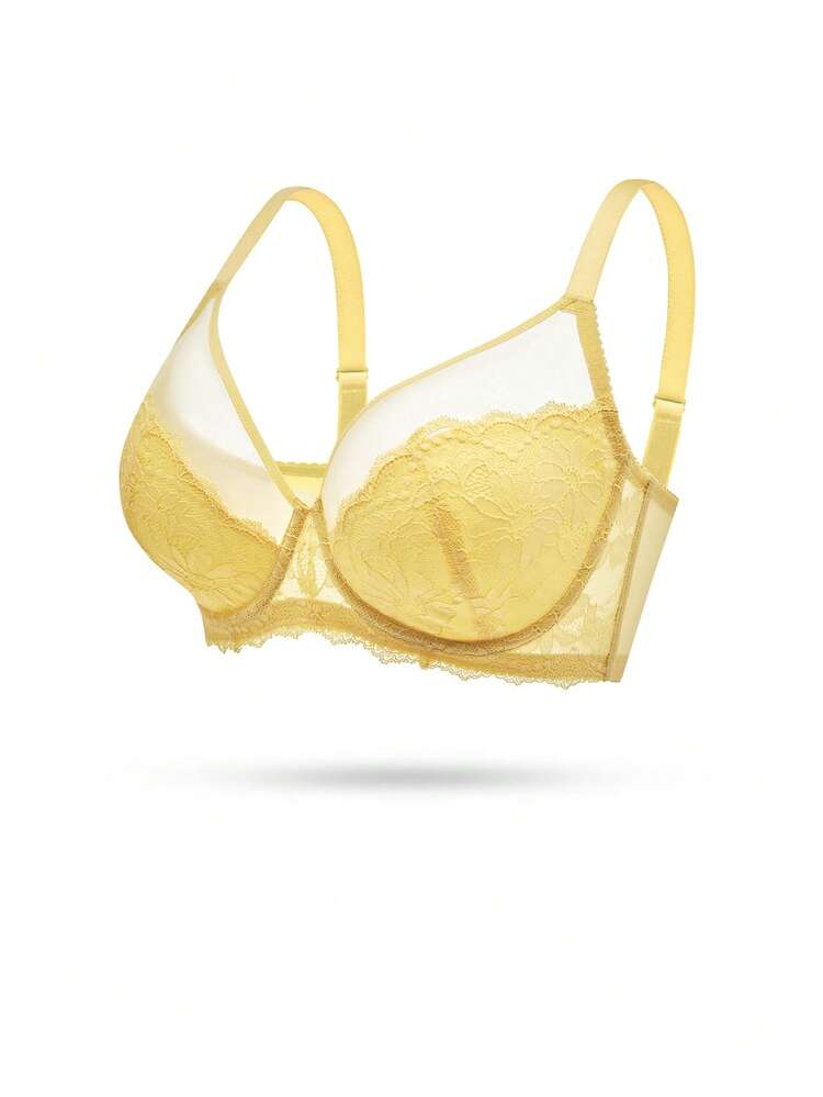 Plus Full Coverage Unlined Mesh & Lace Bra