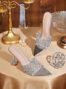 CUCCOO TILAWA Women's Summer Crystal Ankle Strap Pointed Toe Stiletto High Heel Sandals, Sexy Stiletto Heel Transparent PVC Splice White PU Party Club Shoes Valentine's Day - Silver - View 1