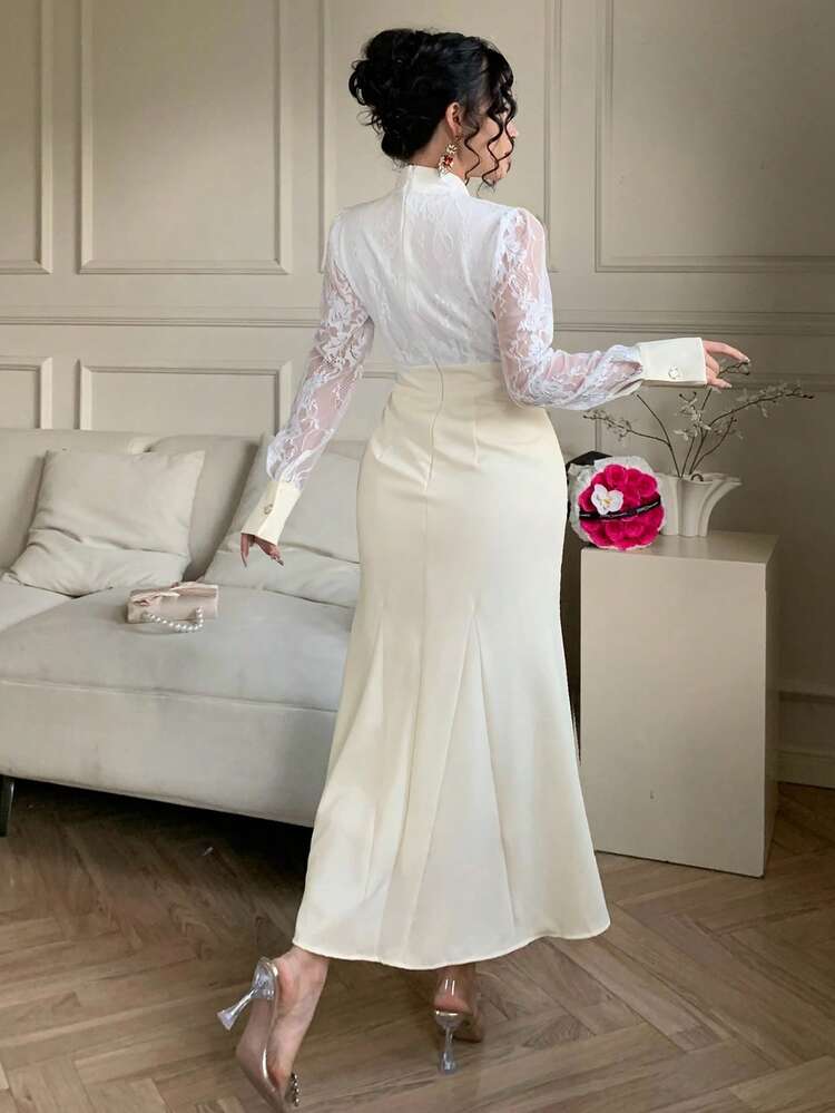 Women's Elegant Lace Patchwork Fishtail Midi Dress, Autumn/Winter Wedding Guest Dress