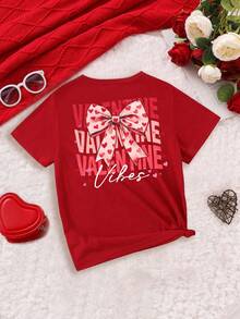 SHEIN 年轻女孩情人节休闲时尚创意个性化清新简约爱心蝴蝶结字母印花基础款短款T恤，舒适，适合情人节氛围 - 酒紅色 - 查看 5