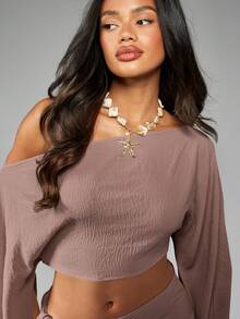 MISSGUIDED Off Shoulder Textured Cover Up With Bell Sleeves And Asymmetric Wrap Skirt Beach Resort Linen Feel Co Ord - Grey - View 5