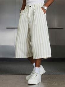 PAVTROS Quần lửng ống rộng kẻ sọc vàng trắng dành cho nam, thích hợp cho các hoạt động cuối tuần, lễ hội âm nhạc, tiệc tùng và mặc hàng ngày, ngày Valentine, thể hiện tình yêu với bạn trai, phong cách vintage, lễ hội. Quần ống rộng nam, quần short phối cùng quần dài, quần short kẻ sọc nam, quần short rộng nam, bộ đồ mùa hè cho nam. - Màu vàng - Xem 6