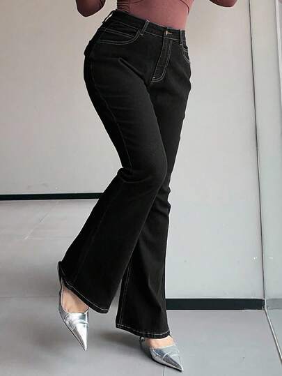 Dazy Plus Plus Size Dark Wash Stretch Slim Fit Flare Leg Jeans, All Season