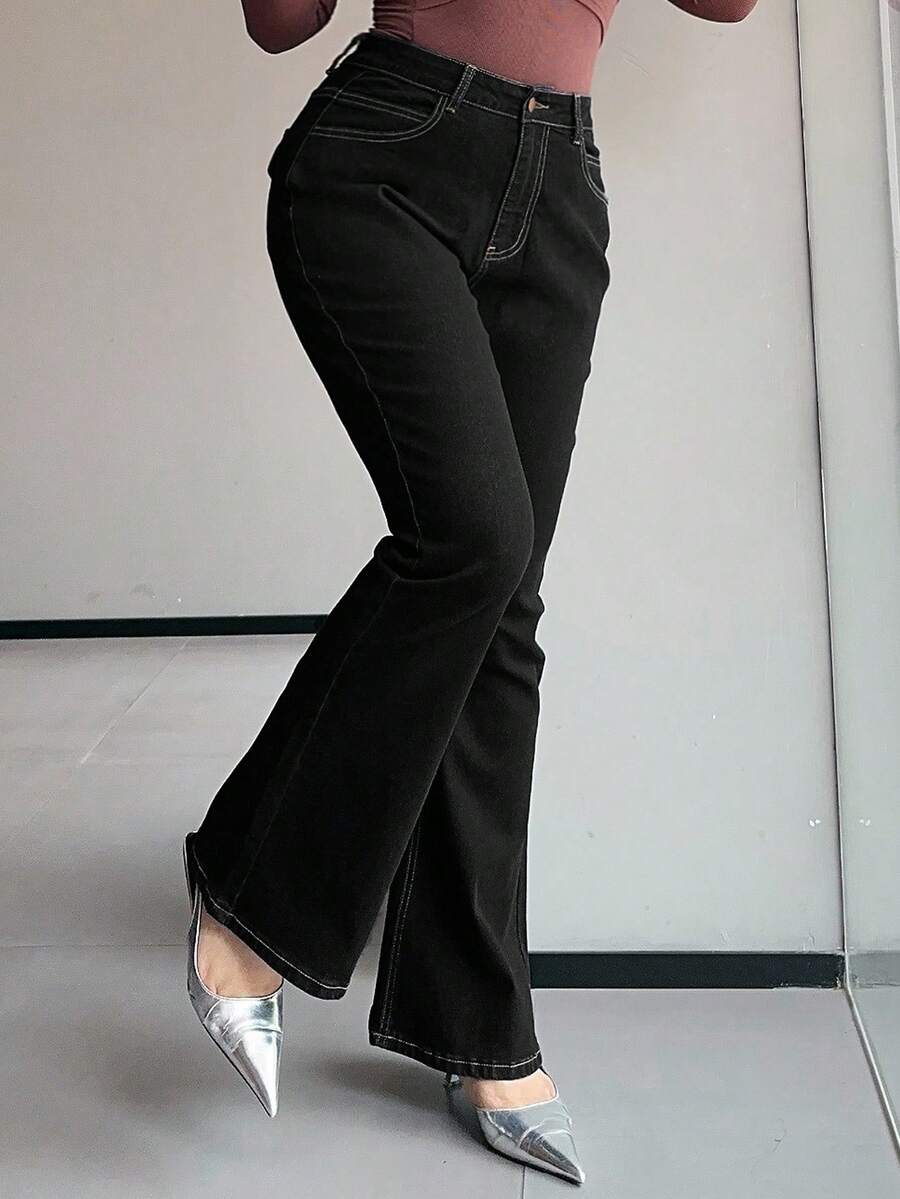 Dazy Plus Plus Size Dark Wash Stretch Slim Fit Flare Leg Jeans, All Season