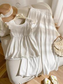 Elladie kids Tween Girls Minimalist Chic White Knit Jacquard Fabric Backless Cap Sleeve Top And Elastic Waist Pants Set, Spring/Summer