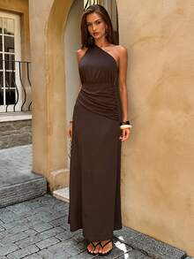 SHEIN BAE Women's Dark Brown Summer Elegant Party Night Asymmetrical Shoulder Backless Dress,Fashionable Beach Vacation Outfit,Spring Break Outfits - Brown - View 5