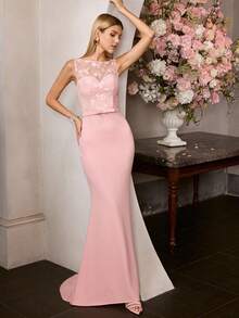 MOTF PREMIUM VESTIDO DE FIESTA ELEGANTE PARA MUJER CON APLICACIONES FLORALES DE ENCAJE, SIN MANGAS, CUELLO REDONDO Y LARGO HASTA EL SUELO - VESTIDO SIRENA CON DOBLADILLO AJUSTADO Y LAZO EN LA CINTURA, IDEAL PARA BODAS, GALAS Y NOCHES PRIMAVERALES | COMBINAR CON TACONES DE TIRAS Y JOYAS DELICADAS - Rosa - Ver 2