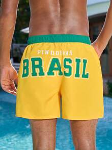 Manfinity VDAYZ Men's Colorblock Print Beach Vacation Casual Swim Trunks - Yellow - View 3