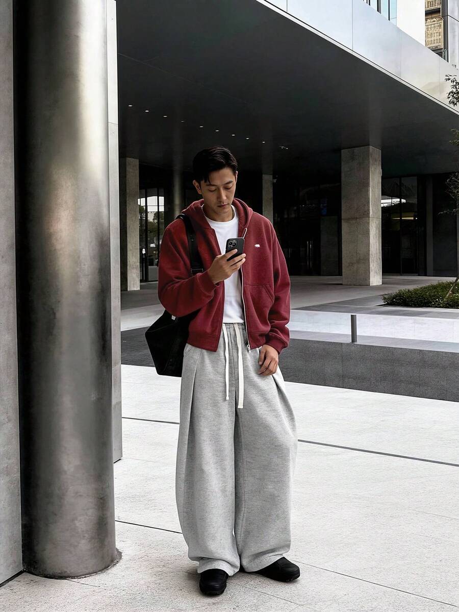 ESTAVOR Men's Patterned Sweatshirt Loose Fit Casual Hooded Cardigan Long Sleeve Sweatshirt Jacket - Burgundy - View 1