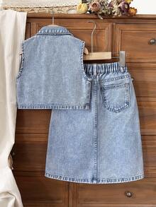 Girls (Small) Casual Fashion Simple Versatile Washed Light Blue Denim Outfit - Blue - View 2