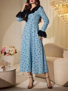Modelyn Women's Elegant Polka Dot & Bow Print Color Block Ruffle Trim Waist Dress, Spring/Autumn - Blue - View 4