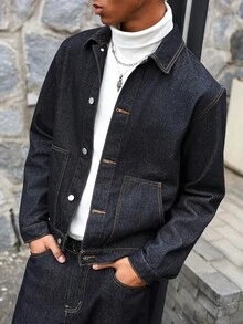 Manfinity EMRG Áo khoác denim ngắn, dáng ôm, rộng, màu xanh đậm, phong cách thường ngày, dành cho người trưởng thành, thích hợp cho mùa thu/đông. - Màu xanh lam - Xem 4