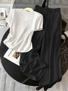 Resyla 2 piezas Conjunto de camiseta de manga corta casual y pantalones de ajuste holgado para mujer - Multicolor - Ver 2