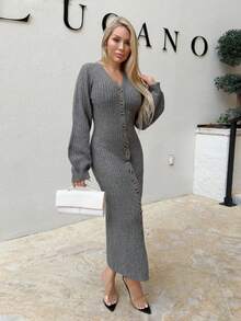 Cioccolato 女式休闲纽扣V领加长毛衣裙 - 灰色 - 查看 6