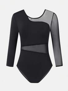 SHEIN 少女运动紧身衣，适合芭蕾舞、返校、健身、训练和休闲穿着。长袖，时尚网眼面料，高弹舒适，适合舞蹈运动。