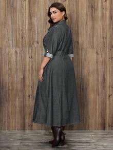 EMERY ROSE Plus Size Women Elegant Belted Denim Dress - Grey - View 2