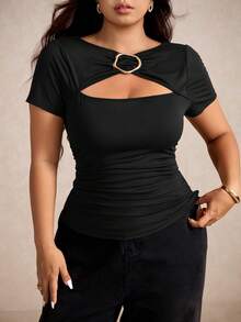 Elaquor 大码女式休闲百搭金属扣纯色T恤，夏季镂空黑色性感上衣，度假情人节 - 黑色 - 查看 3