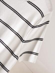 CosyJoli Blusa de punto de manga corta con cuello redondo a rayas negras y blancas de talla grande - Blanco y Negro - Ver 5