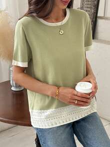 Vivie Lora Women's Round Neck Loose Lace Patchwork Contrast Color Knit Sweater Top - Green - View 6