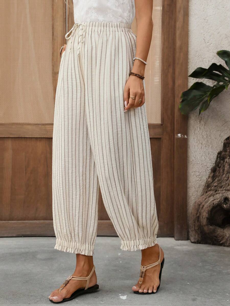 EMERY ROSE Women's Casual Vacation & Commute Striped Print Drawstring Waist Slant Pocket Loose Straight Leg Pants Summer Vacation Outfits Women Summer Holiday Outfits Vacation Outfits For Women Boho Pants Wide Leg Summer Pants Pleated Pants Tassel Pants - Coffee Brown - View 1
