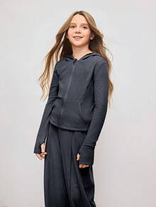 SHEIN 青少年女孩深灰色連帽衫套裝，深綠色，秋季，休閒，可愛，學校，返校季 - 深灰色 - 查看 3