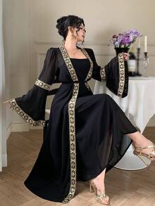 DAZY Women's Elegant Vacation Style Splice Ribbon Flare Sleeve Belted Sheer Robe & Camisole 2 Pieces Set - Black - View 4