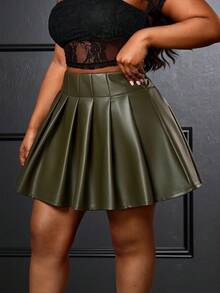 Truni 大码女式优雅复古浪漫波西米亚经典性感复古风橄榄绿PU宽松迷你裙，大码下装军绿色百褶裙橄榄绿仿皮裙深绿色裙，适合梨形和三角形身材 - 橄欖綠 - 查看 1