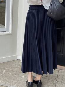 DAZY Women's Elegant Solid Color Pleated A-Line Skirt, Autumn - Navy Blue - View 2