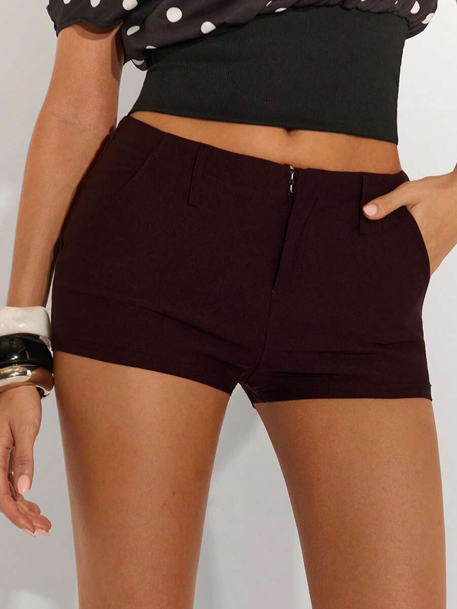 SHEIN BAE 女士休闲日常通勤简约纯色低腰侧袋短裤，夏季 - 酒紅色 - 查看 1