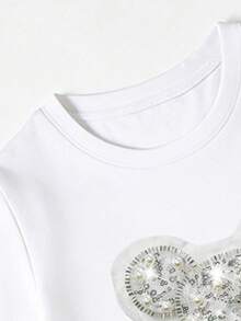 春夏秋季少女休闲时尚创意个性清新别致简约闪亮小熊蝴蝶结装饰印花舒适短袖T恤裙，温暖的夏秋风格，适合春夏秋季穿着，提升整体氛围的服装，连衣裙 - 白色 - 查看 6