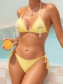 Swim Mod 两件套女士浅黄色泳衣，饰有珍珠，时尚可爱，适合海滩和度假穿着 - 黃色 - 查看 6