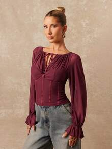 Lumalex Early Spring 1pc Women's Soft Mesh Patchwork Sheer Puff Sleeve Fitted Blouse Luxury NewYearNewLook QuietLuxe Prom Gathering Party Banquet Modest Old Money Coquette Glitter Holiday Party Rave Festival Outing Vacation Hot Outdoor Richly Layered Wedding Season Banquet ID Al-Adha Al-Adha Party New Year Looks Of Party For Autumn - Red Violet - View 3