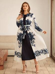 Roveilla 大码女式新款长袖连衣裙，优雅精致的高端二合一连衣裙，数码印花梭织连衣裙，正式女士连衣裙，超长A字下摆连衣裙，优雅碎花连衣裙，女士长袖优雅连衣裙，蓝白连衣裙，女士碎花连衣裙，女士优雅连衣裙 - 藍色 - 查看 4