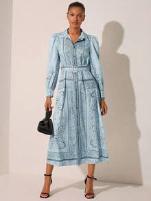 Lilora 女士度假风腰果印花泡泡长袖单排扣优雅衬衫裙 - 彩色 - 查看 3