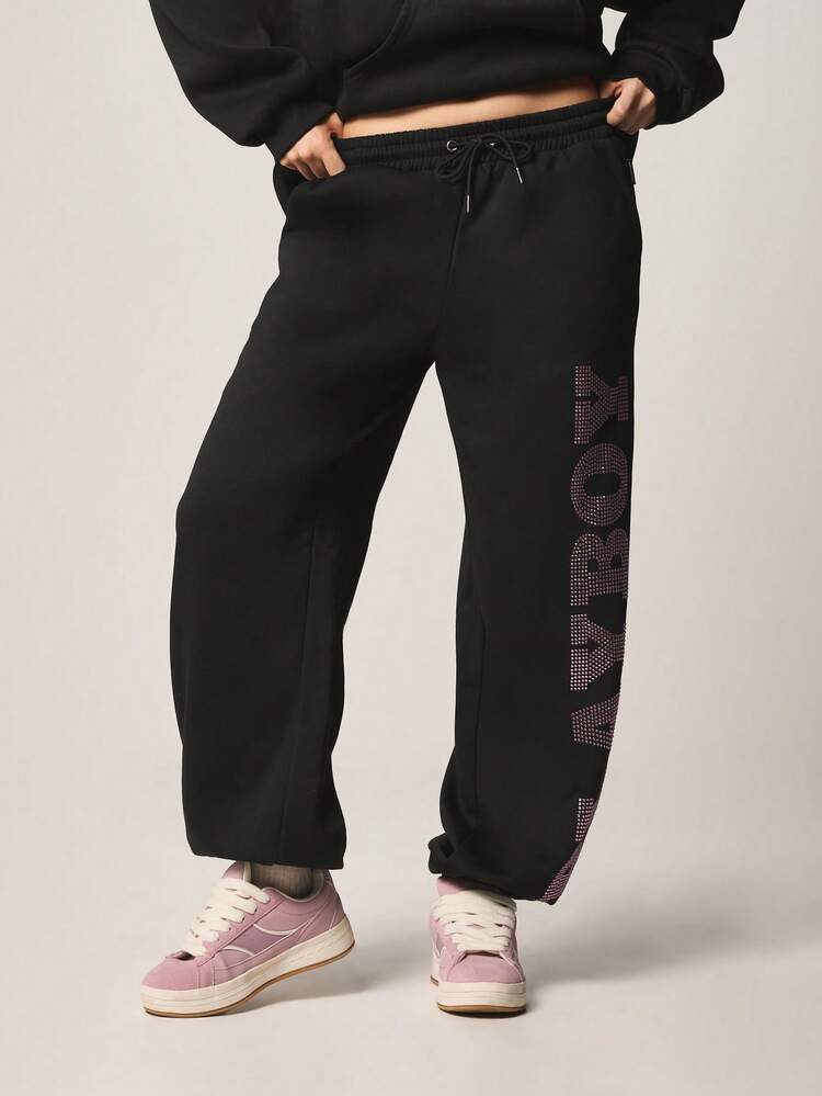 Missguided x Playboy Pantalones de chándal holgados con puños, panel lateral con estampado de letras de diamantes, cintura con cordón, pantalones de felpa cómodos para el ocio y el invierno