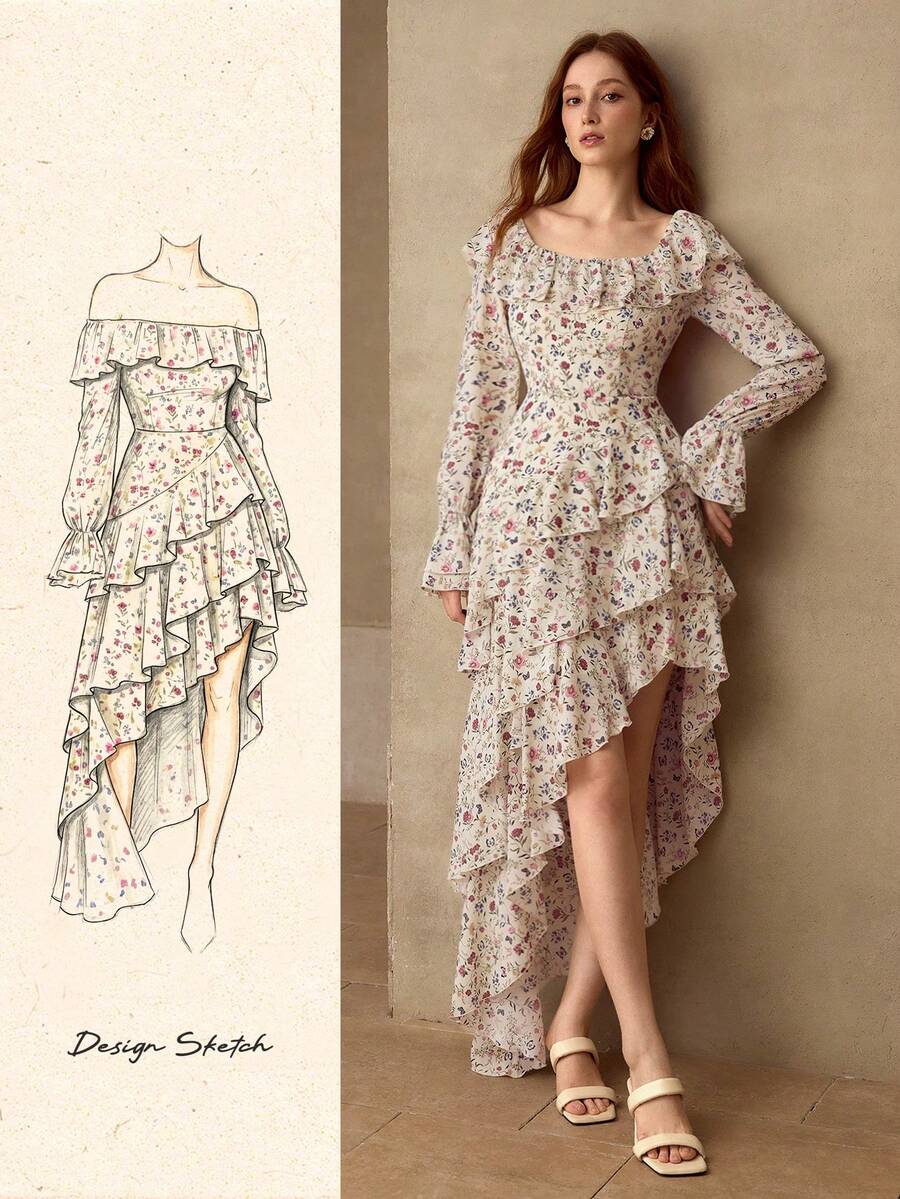 MOTF PREMIUM 女士露肩荷叶边不对称下摆连衣裙，秋冬季 - 杏色 - 查看 1