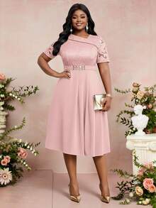 Fleurora Plus Size Women's Elegant Dusty Pink Summer Lace Patchwork Midi Dress,Wedding Ninang Graduation Guest Outfit,Short Sleeve Tea Party Birthday Dresses - Pink - View 5