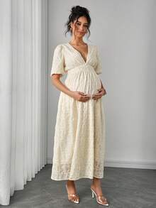 SHEIN Đầm bầu màu trơn cổ chữ V sâu, tay ngắn, thanh lịch - Màu be - Xem 3