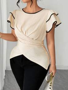 SHEIN Elenzya Áo kiểu nữ cỡ lớn, chất liệu dệt, dáng suông, thanh lịch, thích hợp mặc đi làm vào đầu mùa xuân, eo rút, vạt áo xếp ly đôi, tay ngắn, cổ tròn, màu mơ. - Màu be - Xem 5