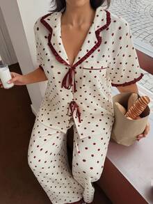 Dream Adore Plus Size Contrast Color Frill Trim Polka Dot Print Lapel Short Sleeve Loose Pajama Set Polka Dot Pajama Set Pajama Jumpsuit Cherry Pajamas Bow Pajamas Vintage Pajama Set - Apricot - View 5