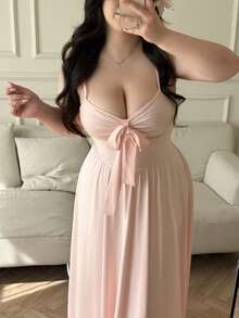 Flirla Plus Size Women Elegant Solid Color Knotted Camisole Dress - Pink - View 7