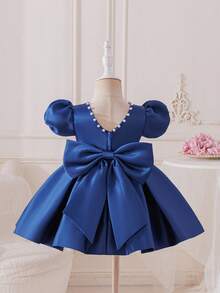 Glamorique Kids Đầm satin màu xanh lá cây cho bé gái, tay ngắn, tay phồng, có nơ đính cườm phía sau, thích hợp cho lễ hội và tiệc tùng. - Màu xanh hải quân - Xem 1