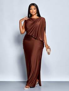 SOLERSUN 大码女式派对通勤优雅棕色亮面针织面料无袖露肩不对称领肩部褶裥臀部收褶性感H型下摆侧开衩长裙，圆领腰包搭配折叠臀部褶裥的超长连衣裙，不对称拼接褶裥，秋冬季派对礼服，舞会礼服，奢华晚礼服，毕业礼服 - 棕色 - 查看 7