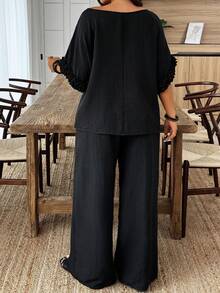 SHEIN PETITE CURVE 大码女式圆领荷叶袖宽松休闲连体裤套装，春夏款 - 黑色 - 查看 2