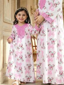 SHEIN Young Girl Pink Bow Tie Dress Ditsy Floral White Autumn Family Matching Elegant Vintage Chiffon Long Sleeve Arabic Abaya Modest Kaftan Kids Jalabiya - Pink - View 2