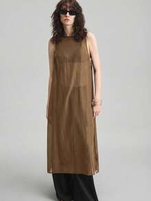 Ontre 2026 Sheer, Graduation, 2025 New Style, Summer Women's , Autumn Women's , Urban Style Round Neck Sleeveless Semi-Sheer Top With Side Button Long Blouse, Fashion Daily Business Casual Women's Beach , All Season Ins Celebrity Same Style Vacation Style, Exotic Atmosphere, Country Concert, Western Style , High-Grade Fabric, Comfortable And Breathable Bohemian Style Vacation Wear - Brown - View 5